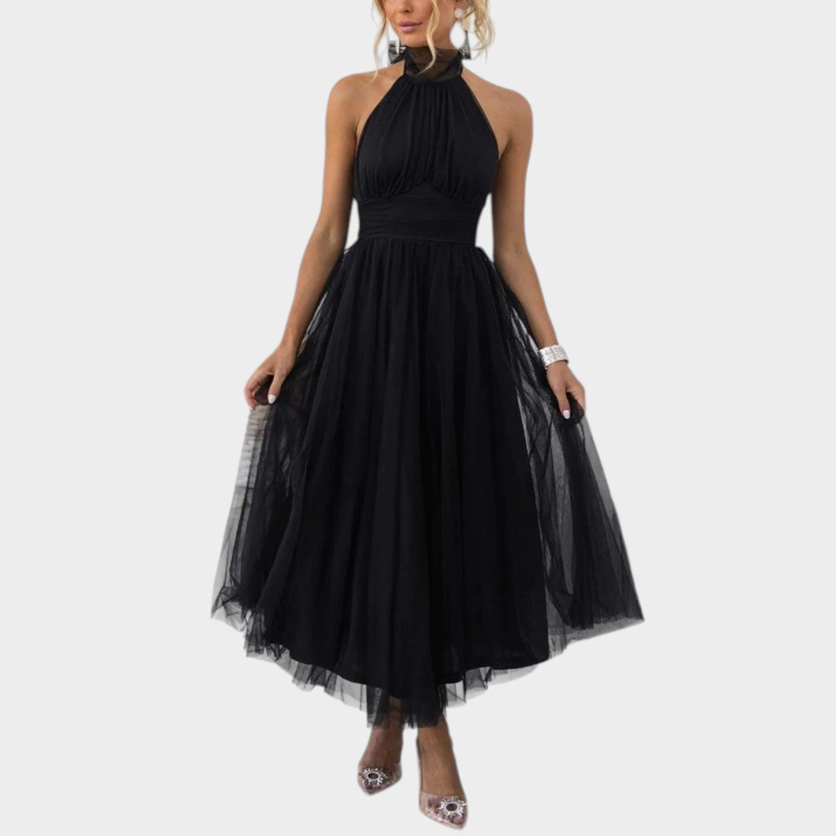 Women’s Halter Neck Midi Dress with Tulle Full Skirt
