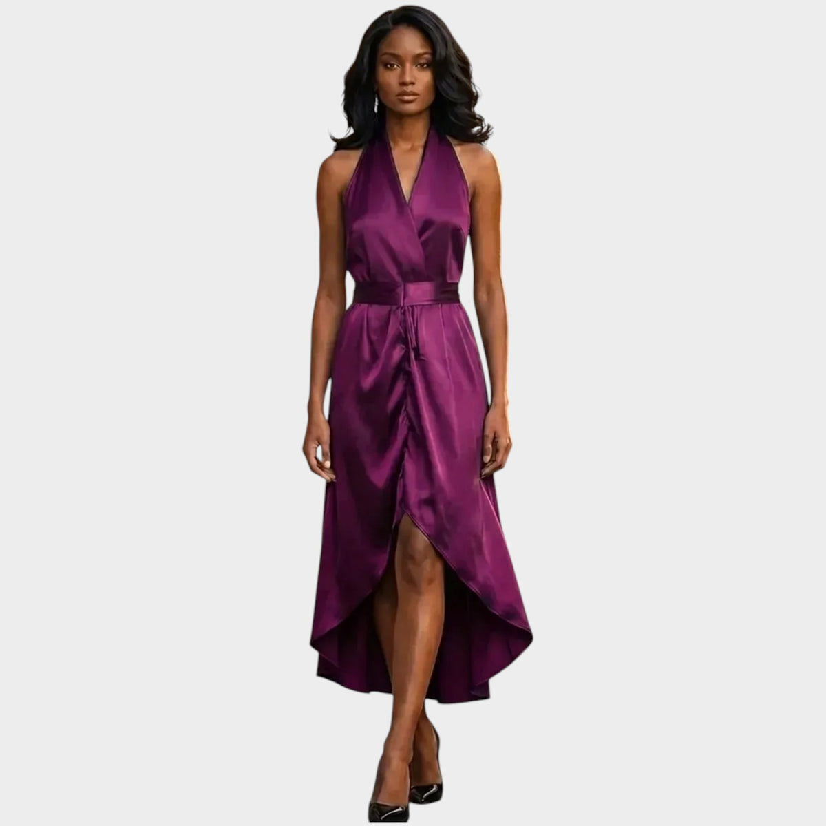 Women’s Formal Maxi Dress with Wrap Waist and High-Low Hem