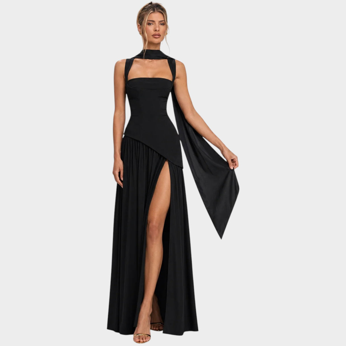 Women’s Strapless Maxi Evening Dress with Draped Bodice and High Slit