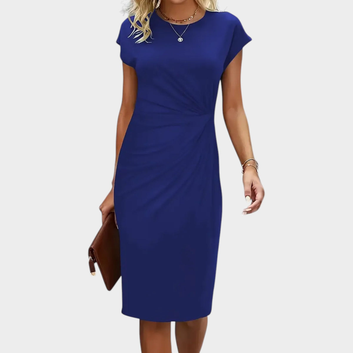 Women’s Midi Dress with Round Neck and Ruched Waist Detail