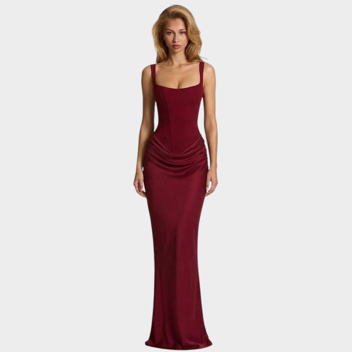 Women’s Corset Maxi Dress with Square Neckline, Draped Skirt and Lace-Up Back