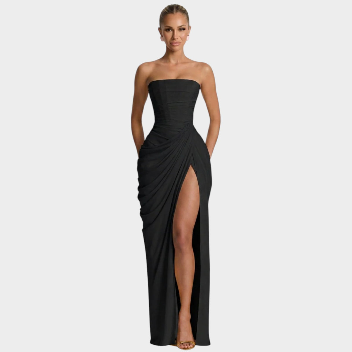 Women’s Strapless Maxi Dress with Gathered Bodice and Front Slit