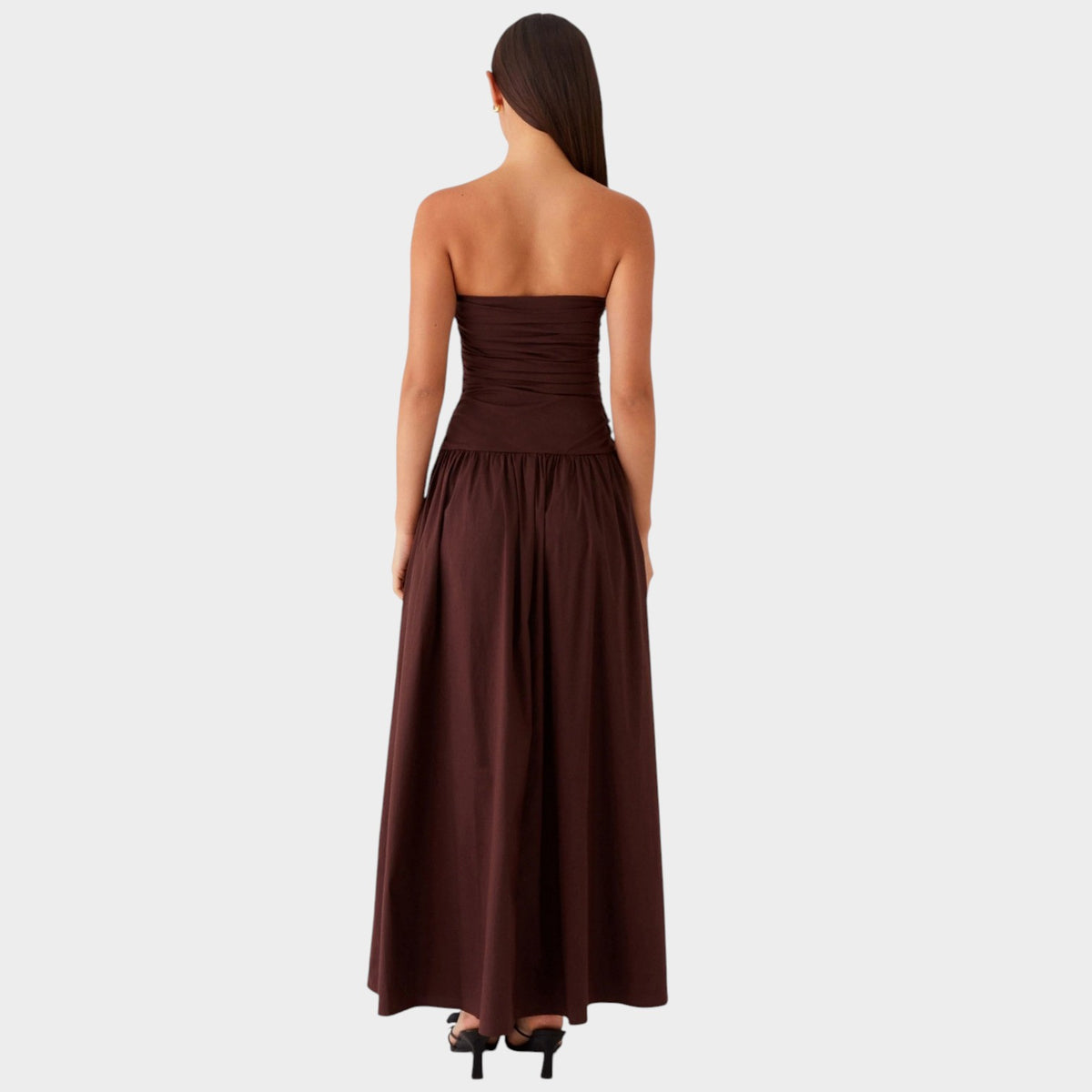 Women’s Strapless Maxi Dress with Ruched Bodice Flowing Skirt