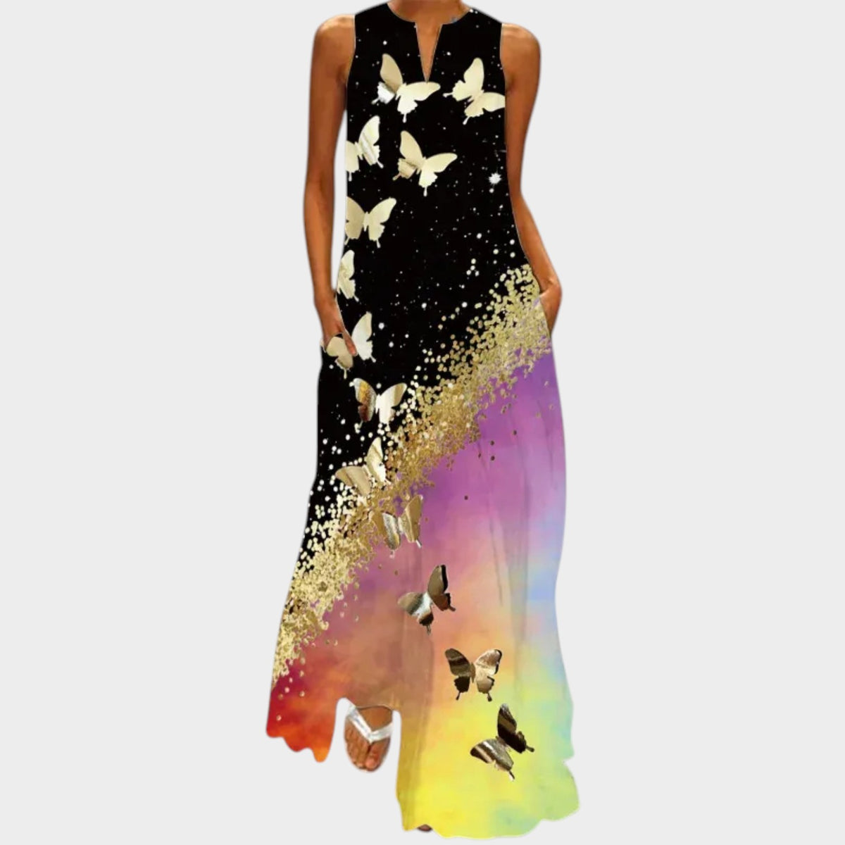 Women’s Sleeveless Maxi Dress with V-Neck, A-Line Fit and Printed Design