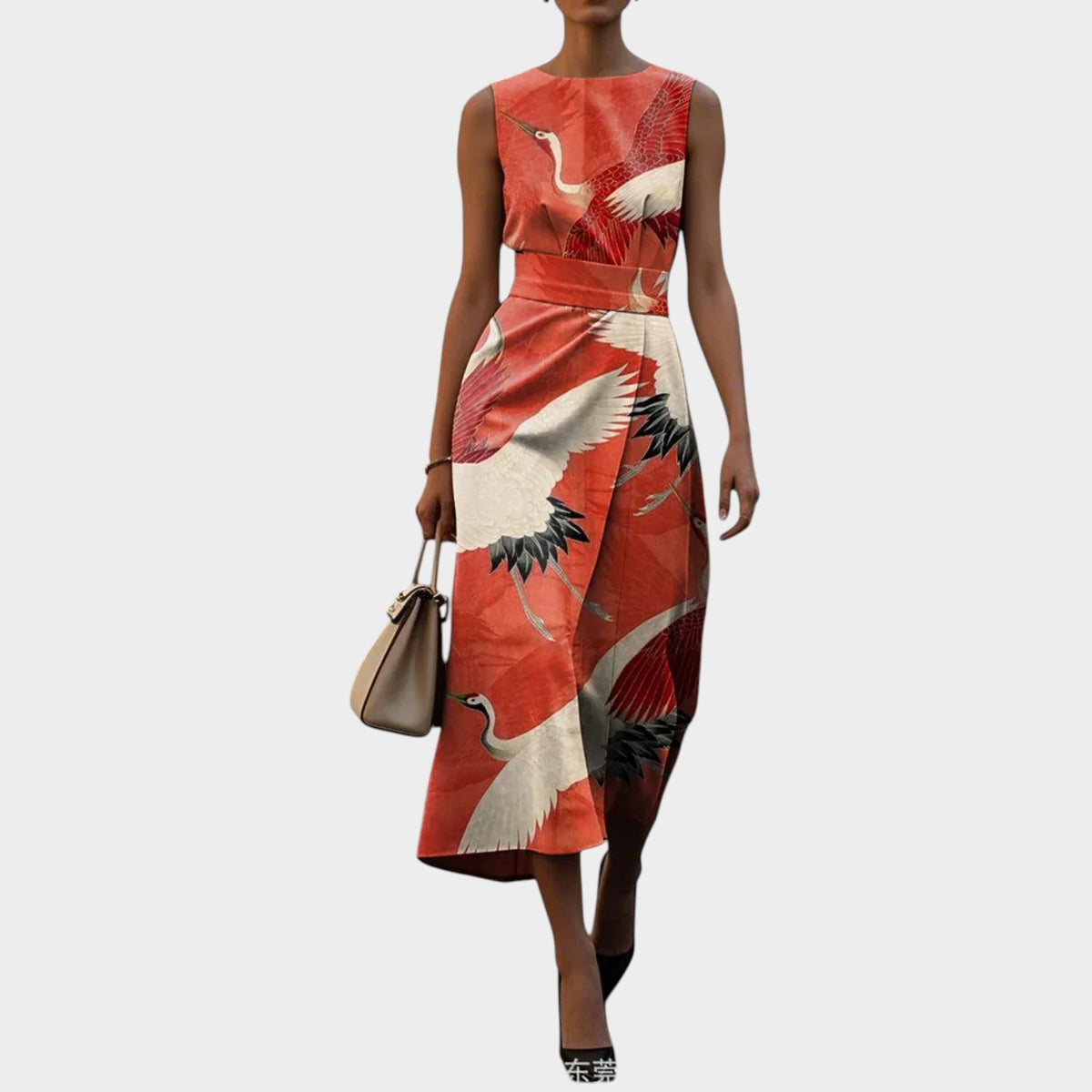 Women’s Sleeveless Midi Dress with Floral Pattern and Waist Detail