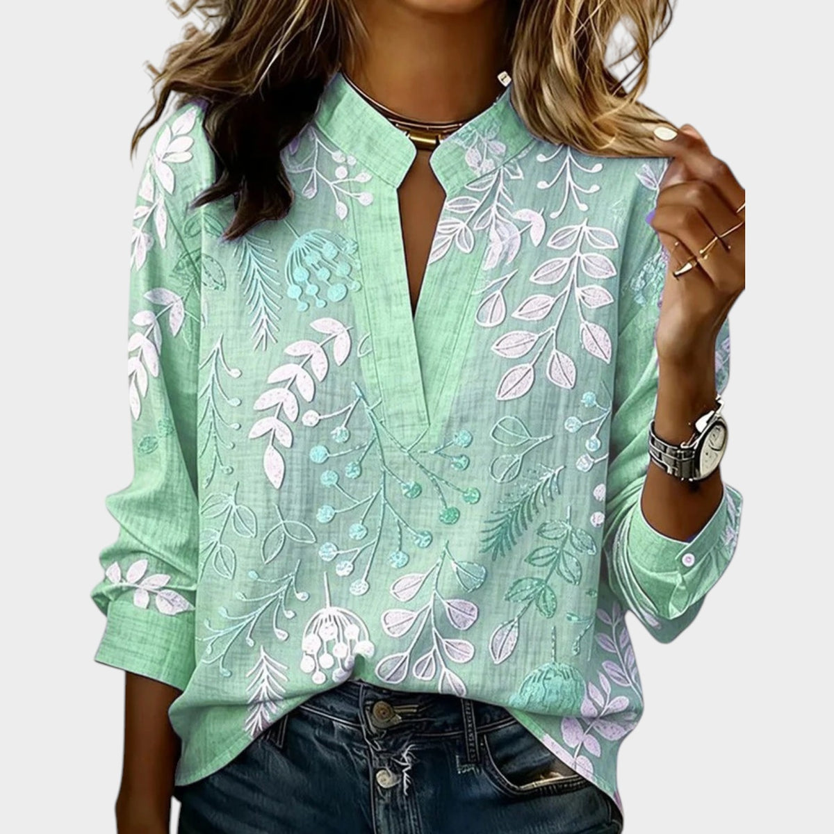 Women’s Floral Blouse with V-Neck and Long Sleeves