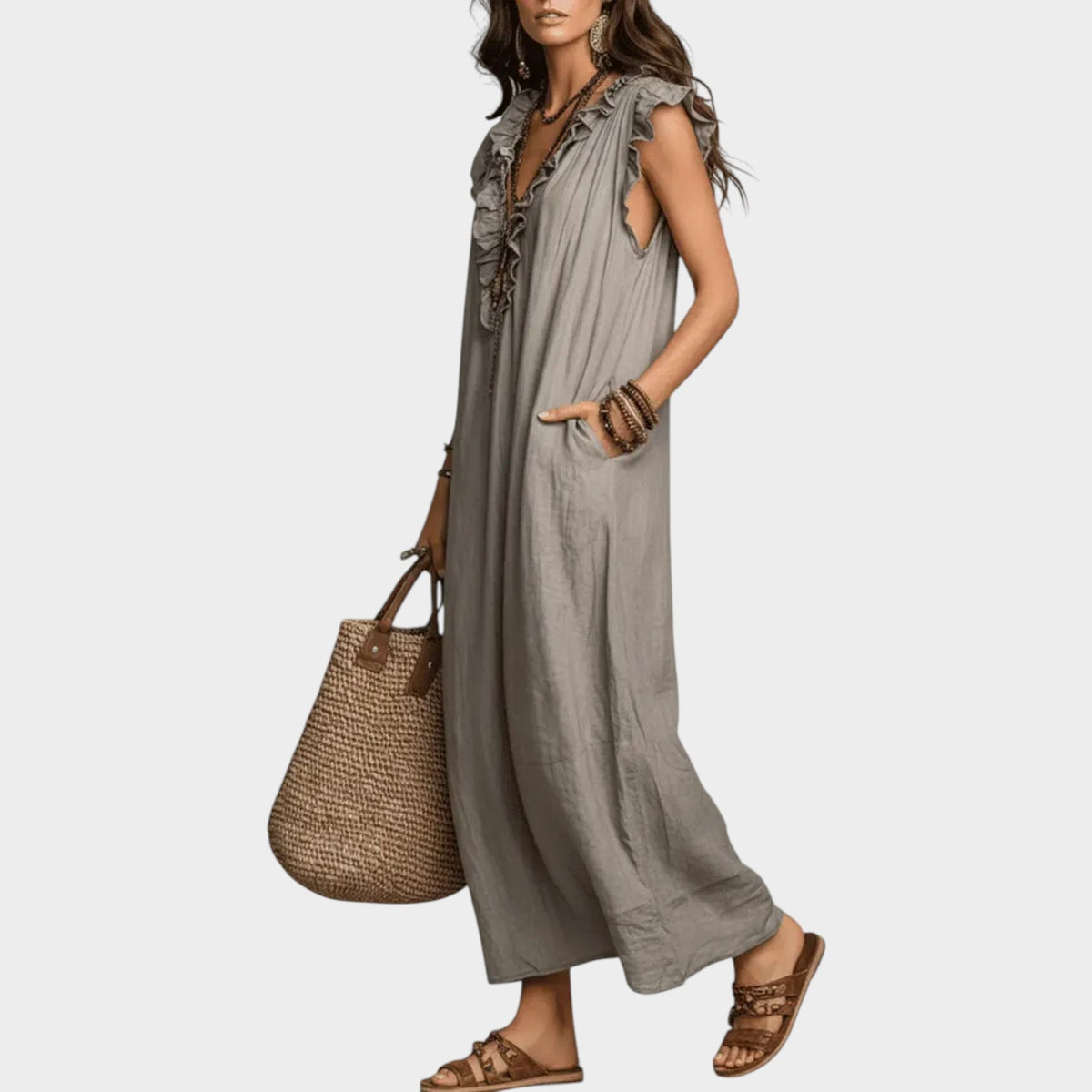 Women’s Linen Maxi Dress with Ruffle V-Neck and Sleeveless Design