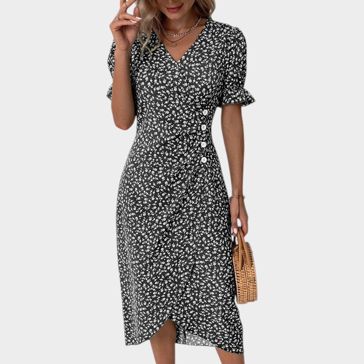 Women’s Floral Midi Dress V-Neck Short Ruffle Sleeves Wrap Front