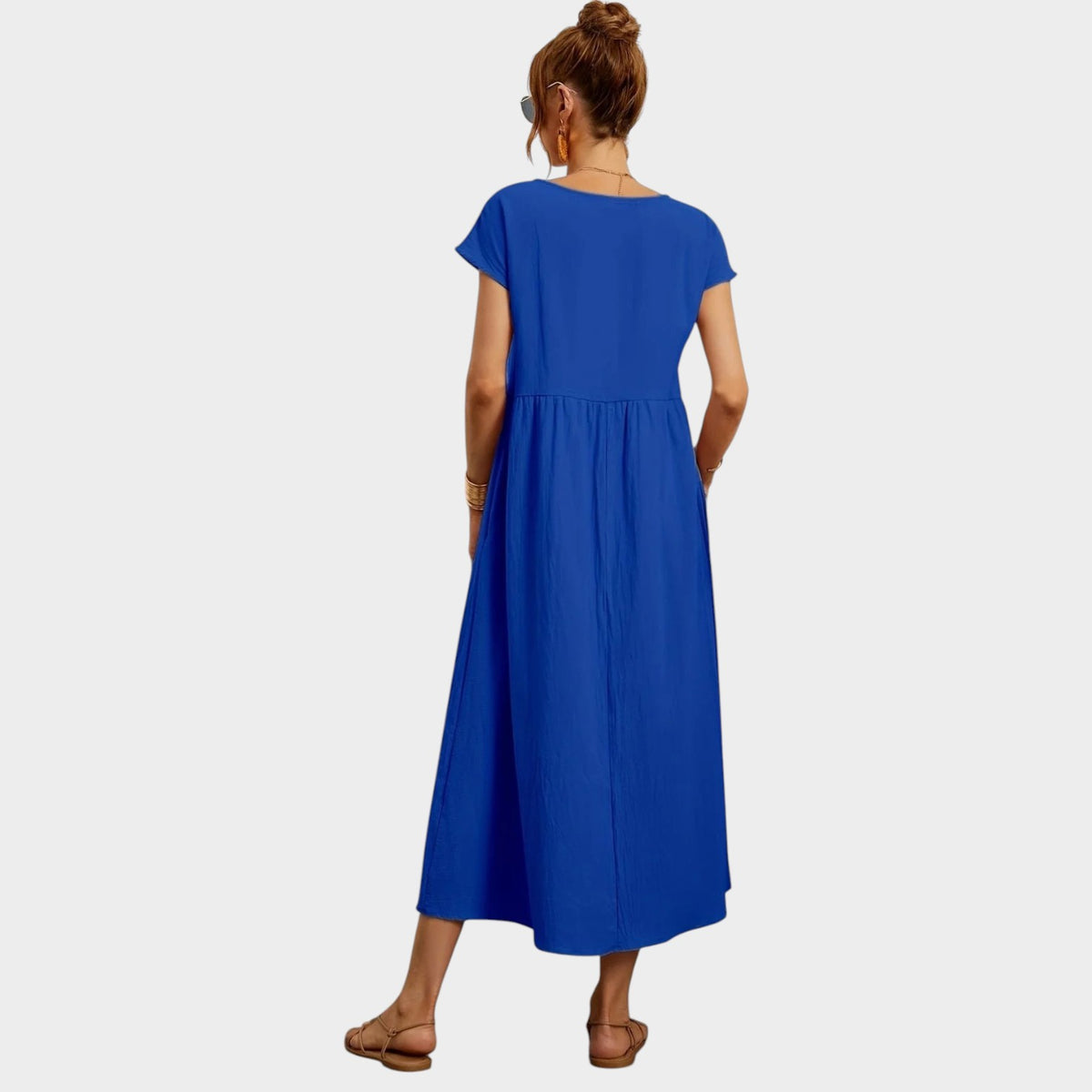 Women’s Round Neck Midi Dress with Short Sleeves and Side Pockets