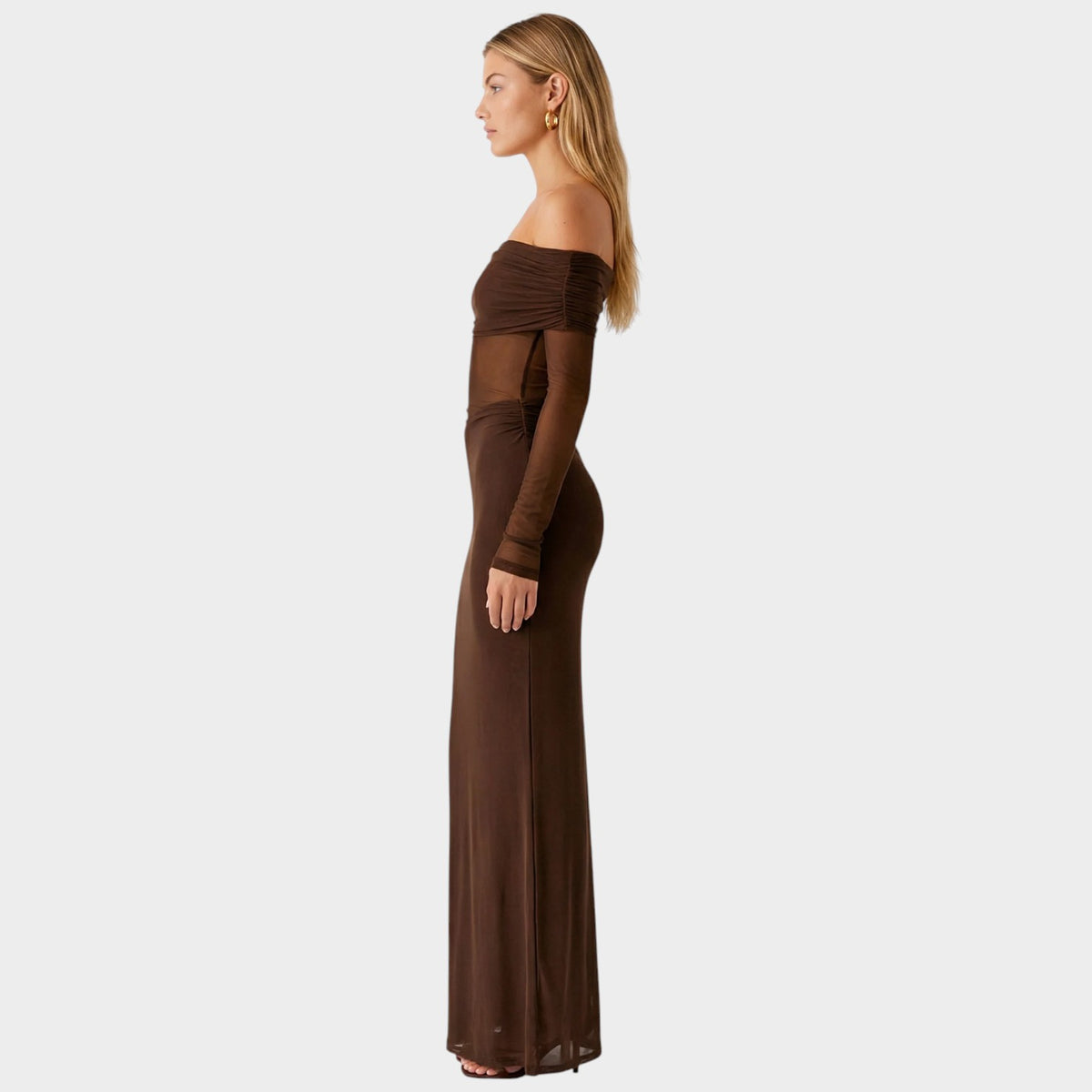 Women’s Off-Shoulder Maxi Dress with Sheer Long Sleeves and Side Cut-Outs