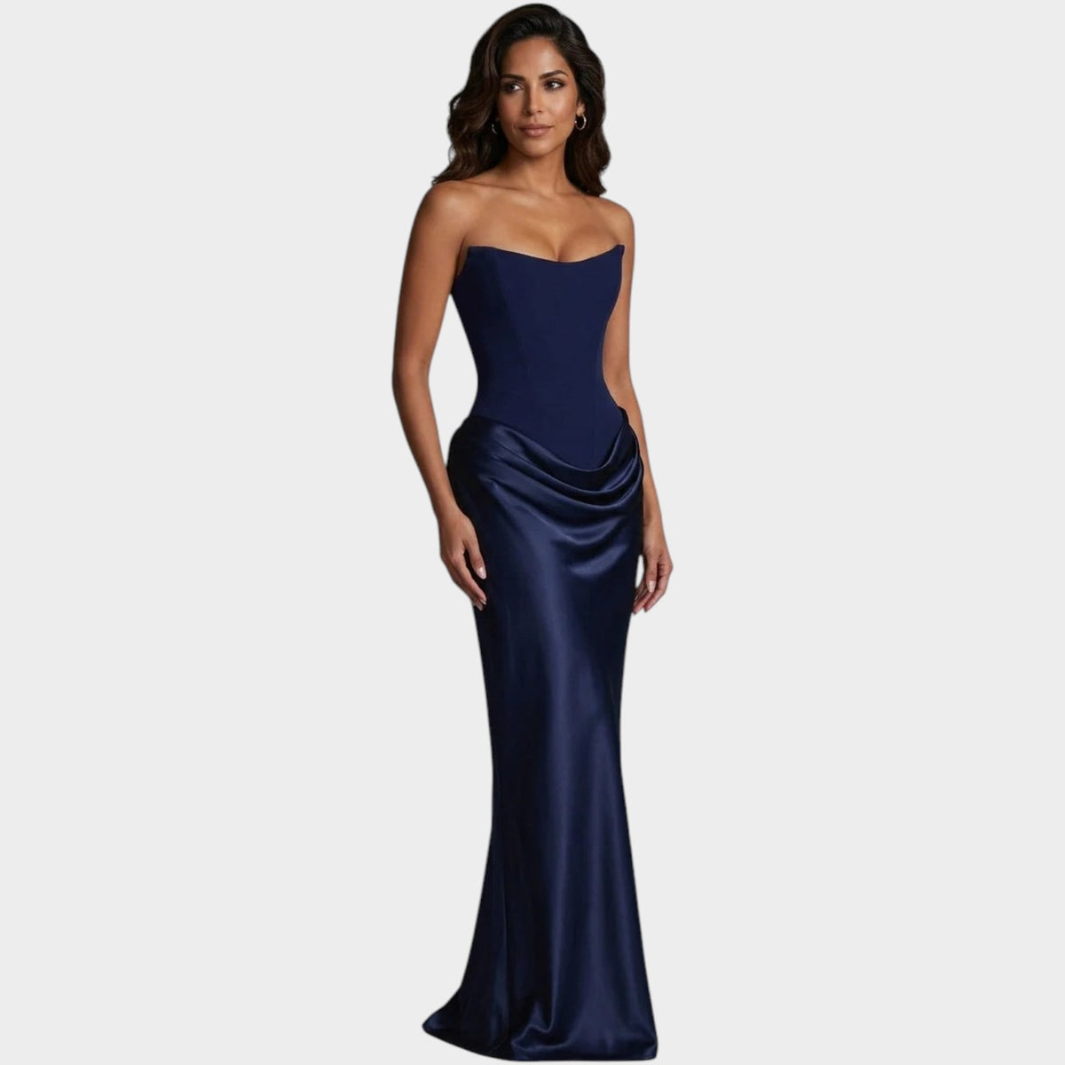 Women’s Strapless Satin Maxi Dress with Structured Bodice and Draped Skirt