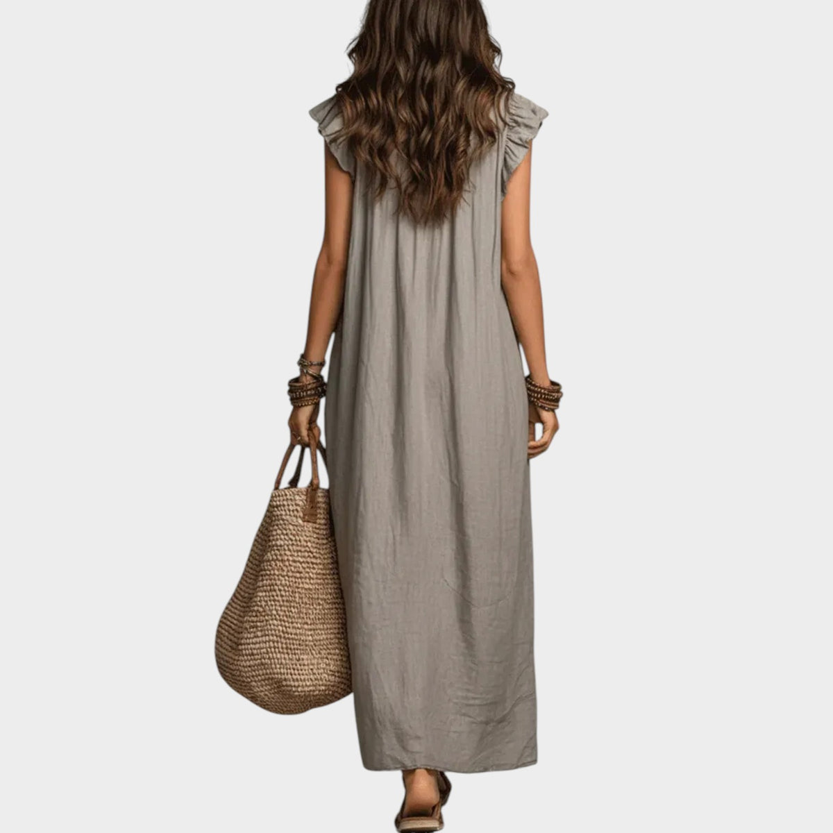 Women’s Linen Maxi Dress with Ruffle V-Neck and Sleeveless Design