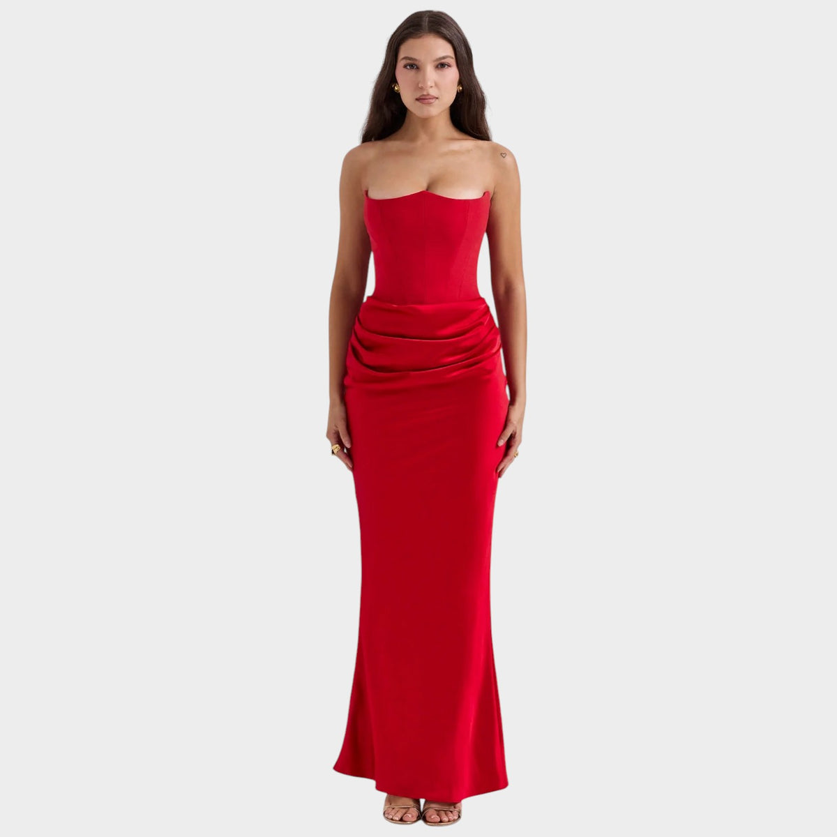Women’s Strapless Corset Maxi Dress with Draped Waist and Fitted Silhouette