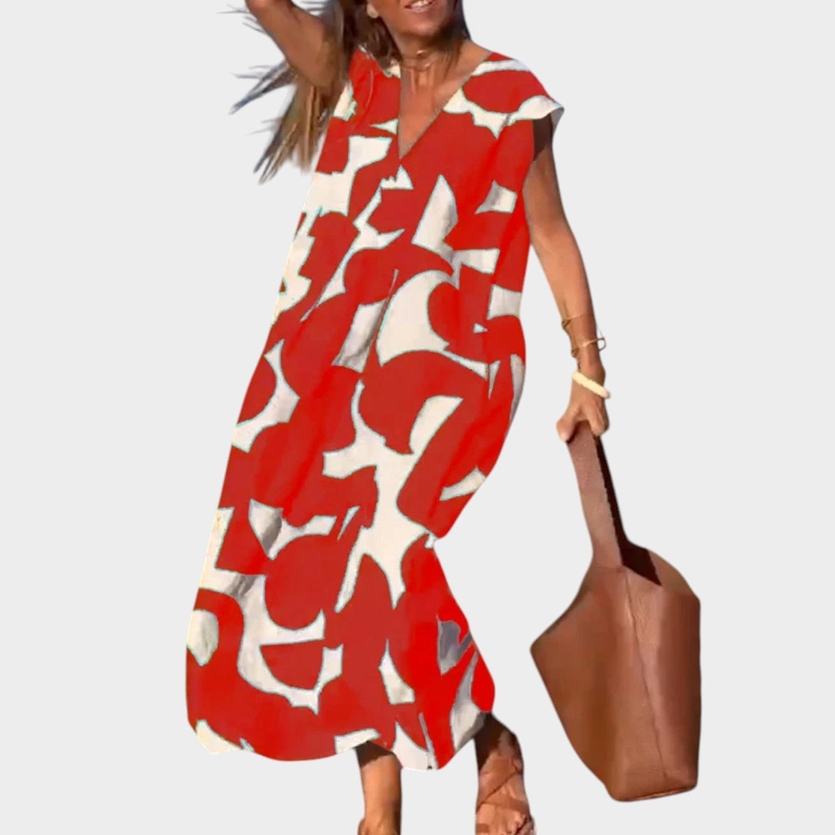 Women’s Abstract Print Maxi Dress with V-Neck and Short Sleeves