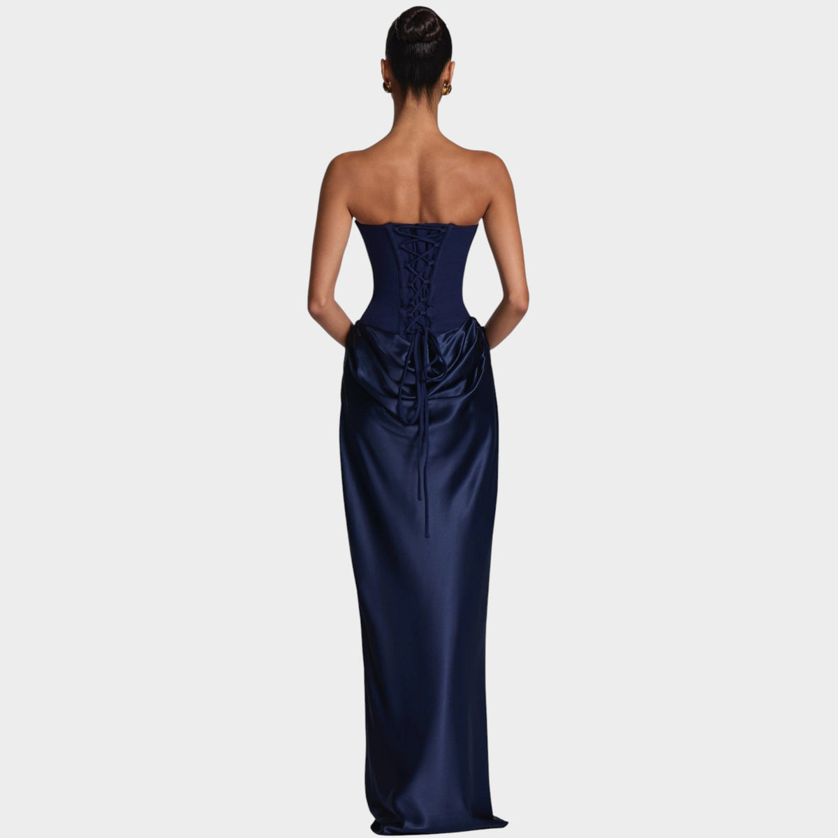 Women’s Strapless Satin Maxi Dress with Structured Bodice and Draped Skirt