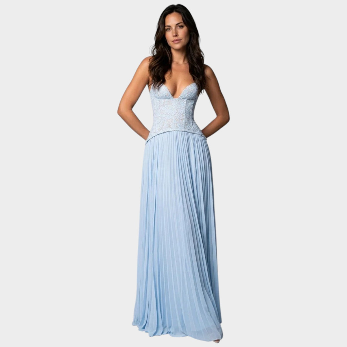 Women’s Lace Bodice Maxi Dress with Sweetheart Neckline and Pleated Chiffon Skirt