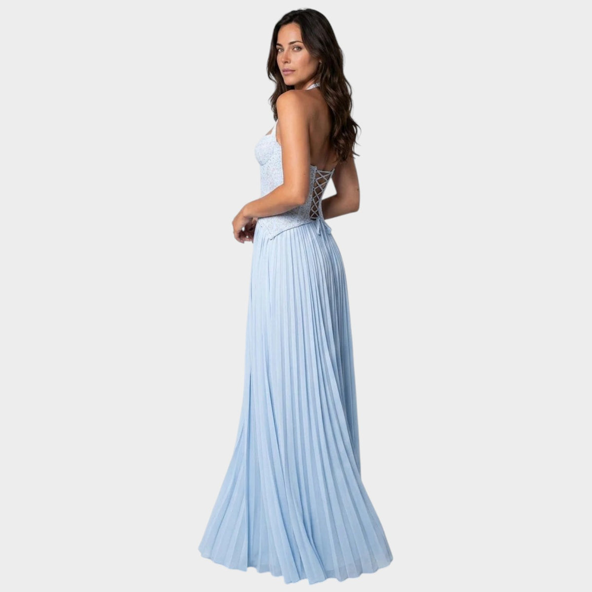 Women’s Lace Bodice Maxi Dress with Sweetheart Neckline and Pleated Chiffon Skirt