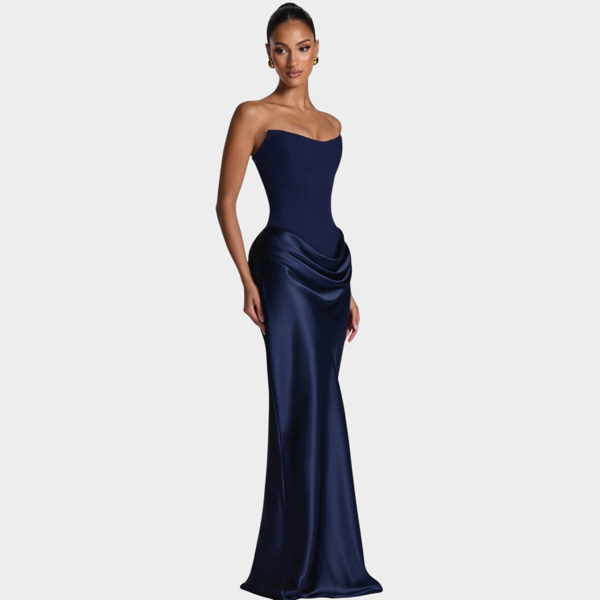 Women’s Strapless Satin Maxi Dress with Structured Bodice and Draped Skirt