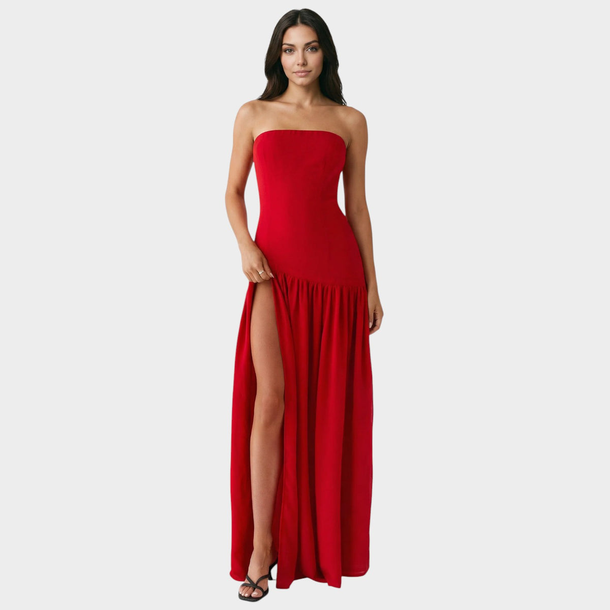Women’s Strapless Maxi Dress with Gathered Skirt and Side Slit