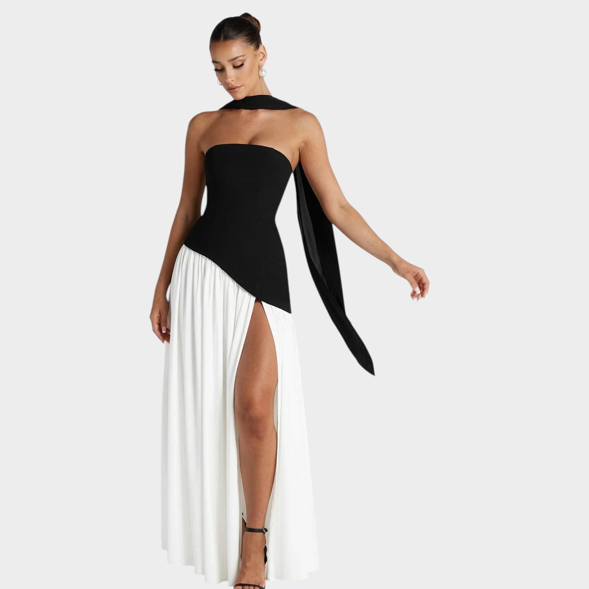 Women’s Strapless Maxi Dress with Corset Bodice and High Front Slit