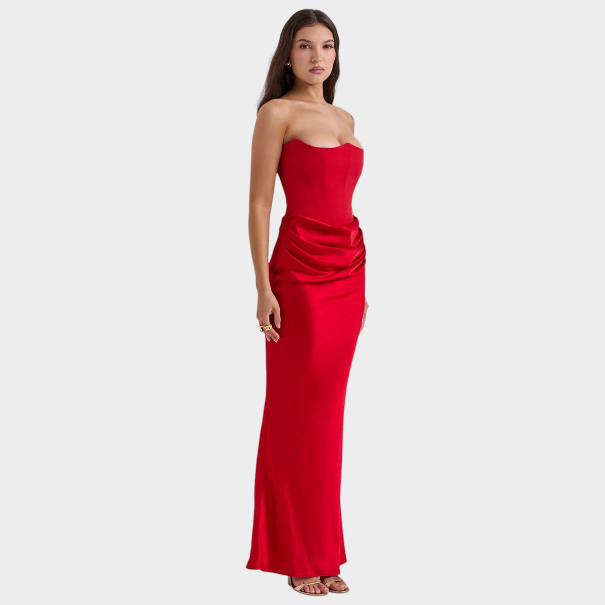 Women’s Strapless Corset Maxi Dress with Draped Waist and Fitted Silhouette