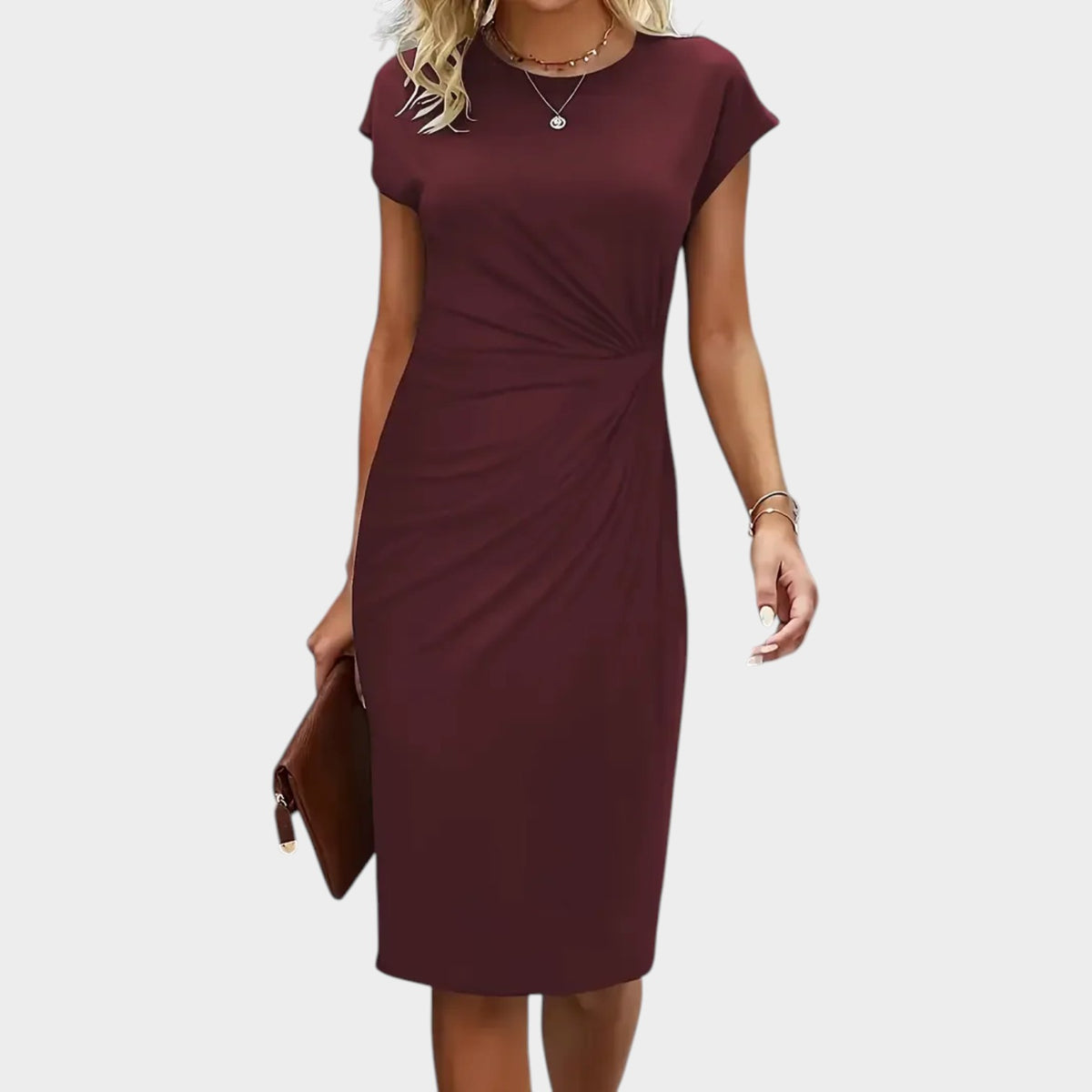 Women’s Midi Dress with Round Neck and Ruched Waist Detail