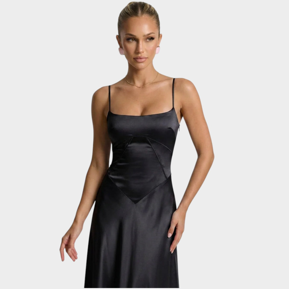 Women’s Satin Maxi Dress with Thin Straps Structured Bodice