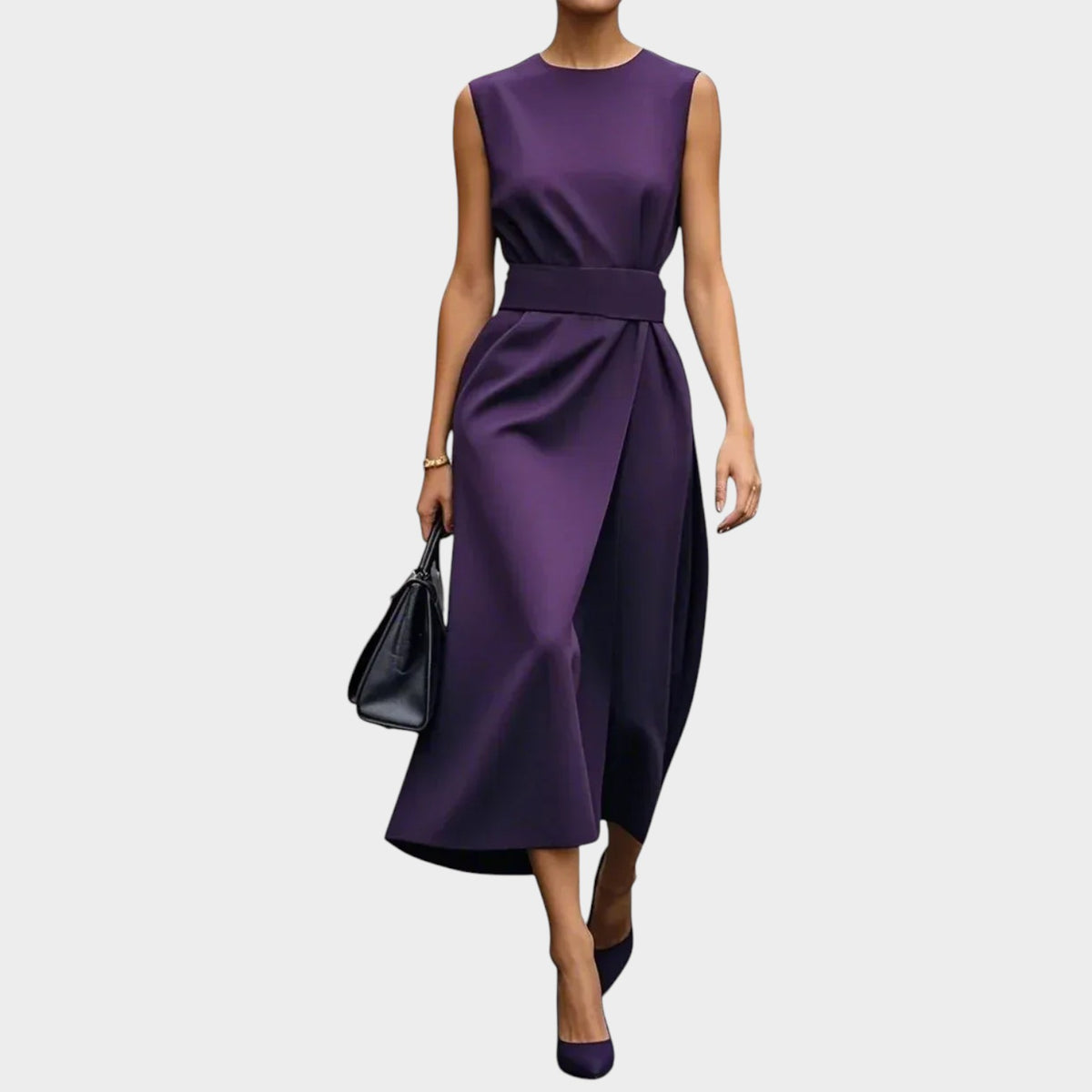 Women’s Sleeveless Midi Dress with Floral Pattern and Waist Detail