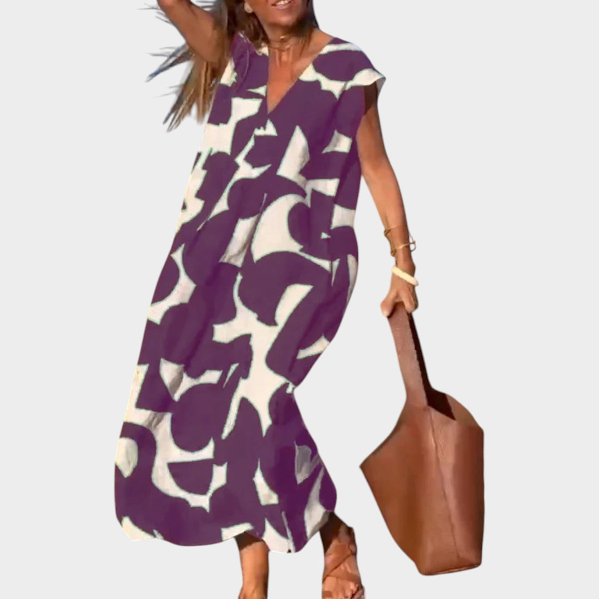 Women’s Abstract Print Maxi Dress with V-Neck and Short Sleeves