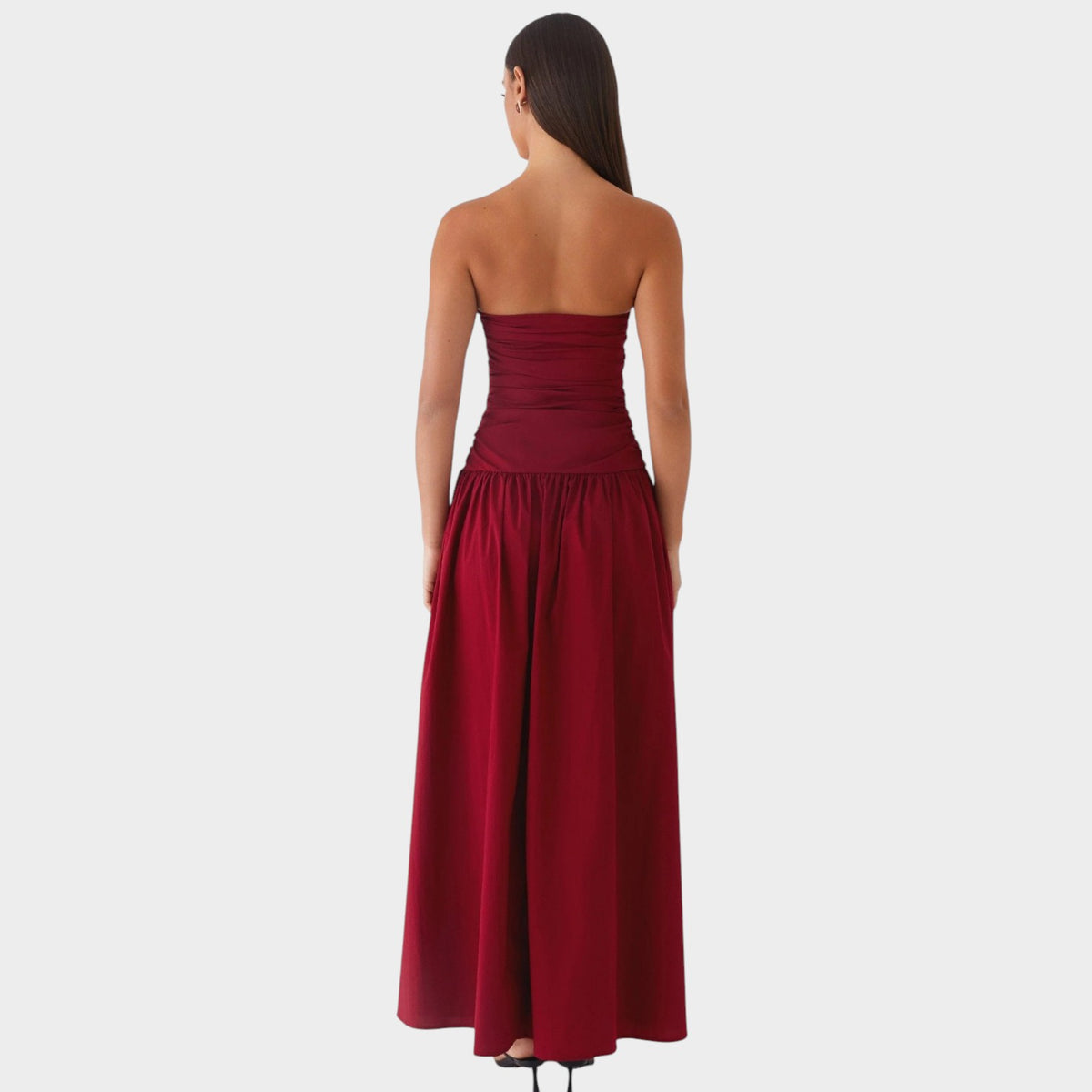 Women’s Strapless Maxi Dress with Ruched Bodice Flowing Skirt