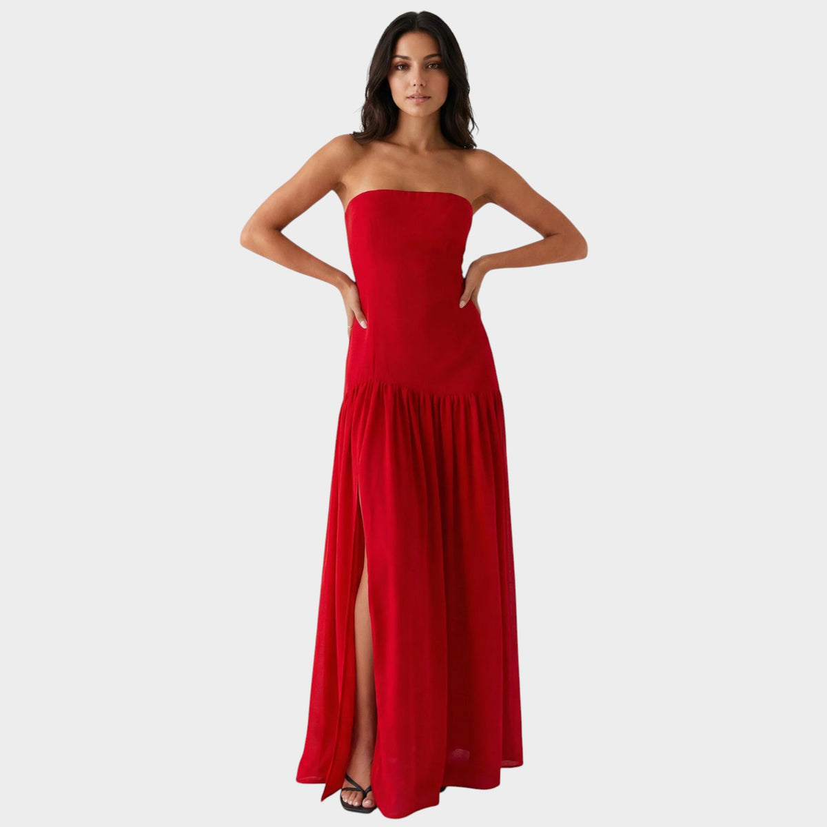 Women’s Strapless Maxi Dress with Gathered Skirt and Side Slit