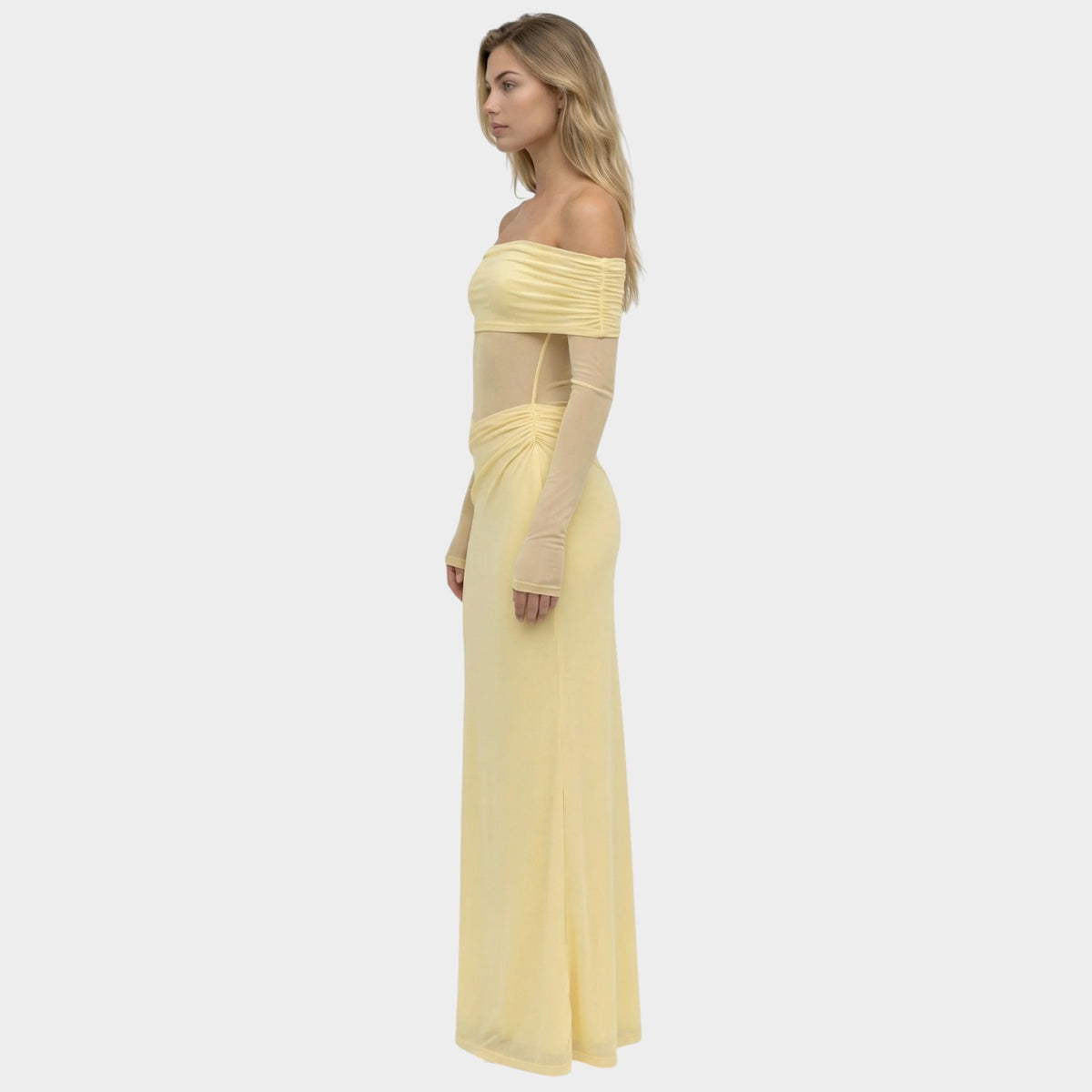 Women’s Off-Shoulder Maxi Dress with Sheer Long Sleeves and Side Cut-Outs