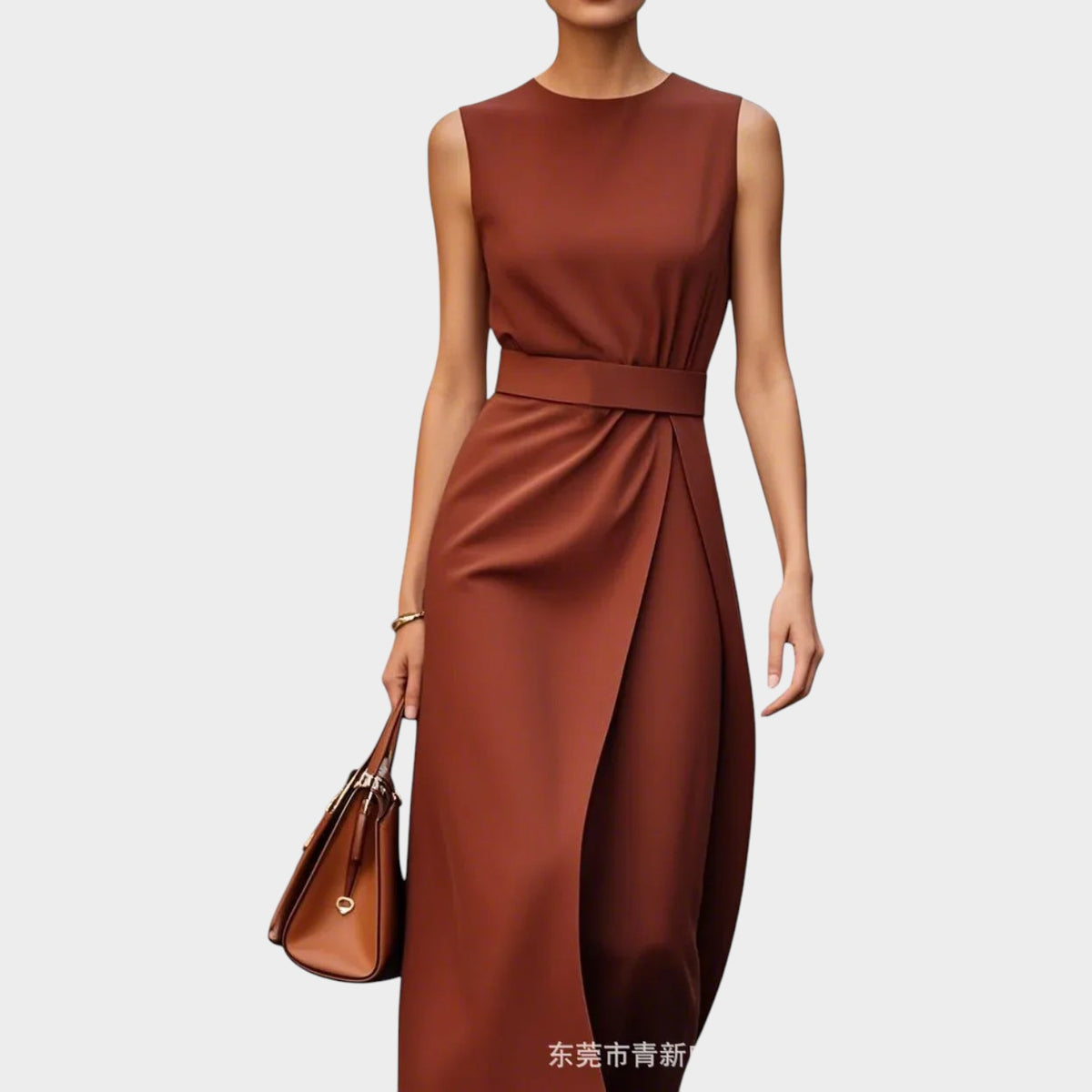 Women’s Sleeveless Midi Dress with Floral Pattern and Waist Detail