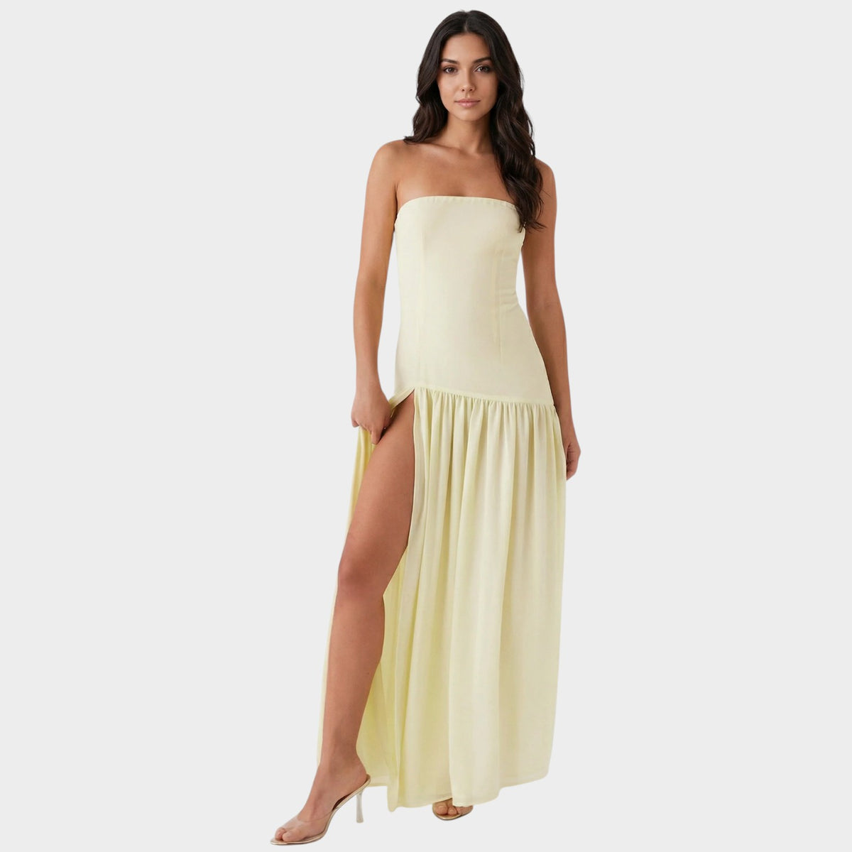 Women’s Strapless Maxi Dress with Gathered Skirt and Side Slit