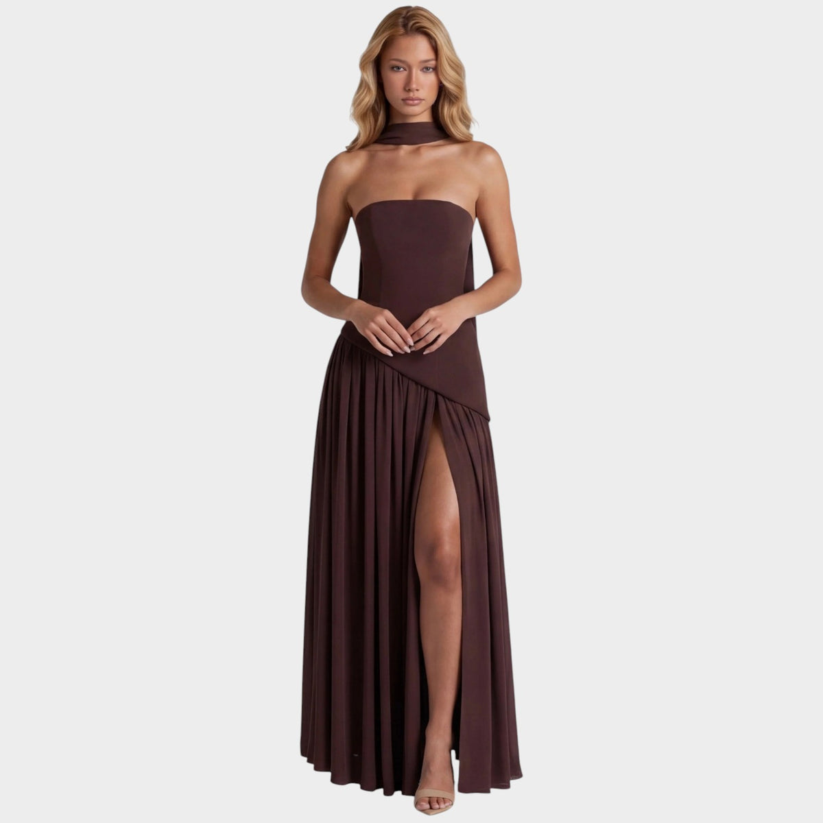 Women’s Strapless Maxi Dress with Draped Scarf Detail and High Slit
