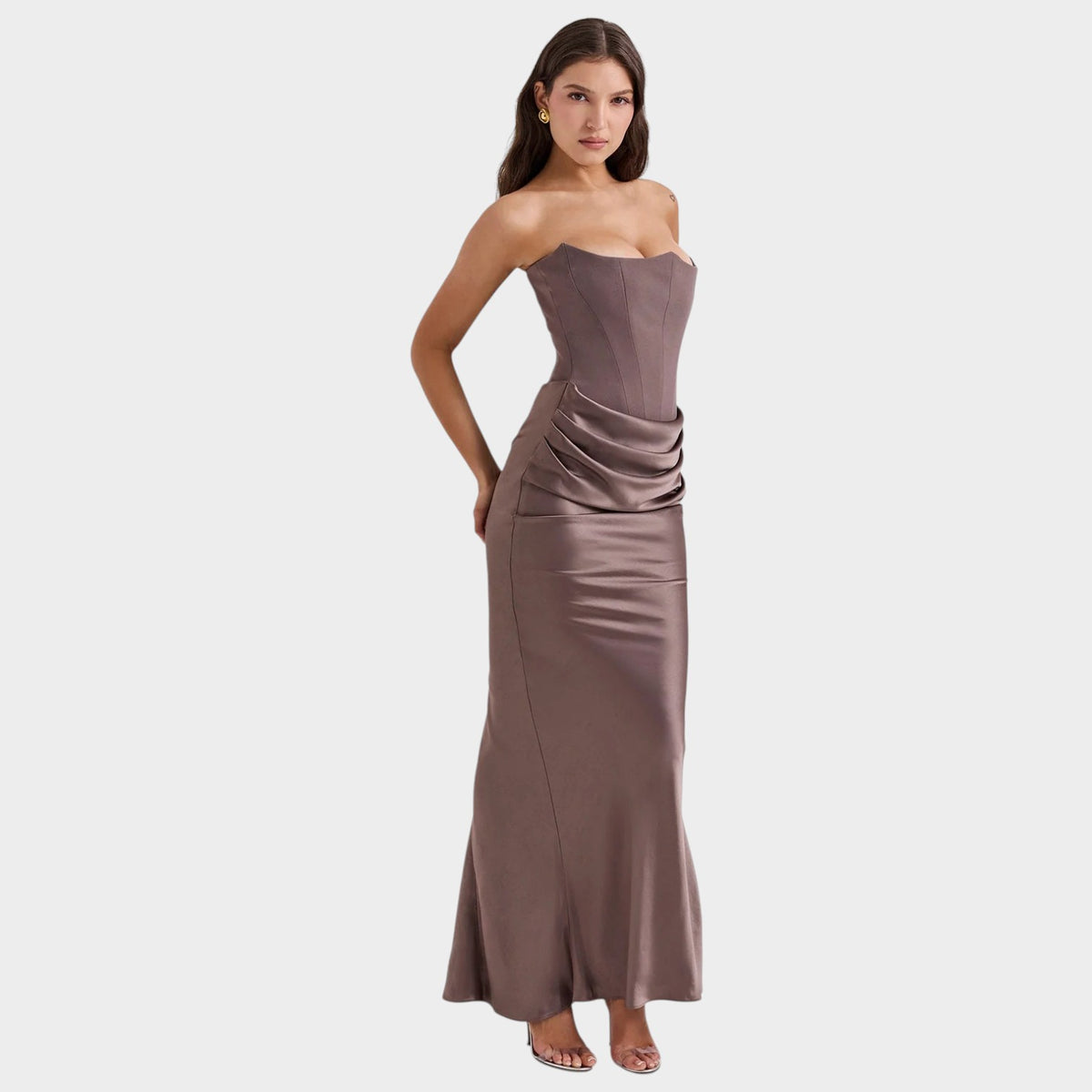 Women’s Strapless Corset Maxi Dress with Draped Waist and Fitted Silhouette
