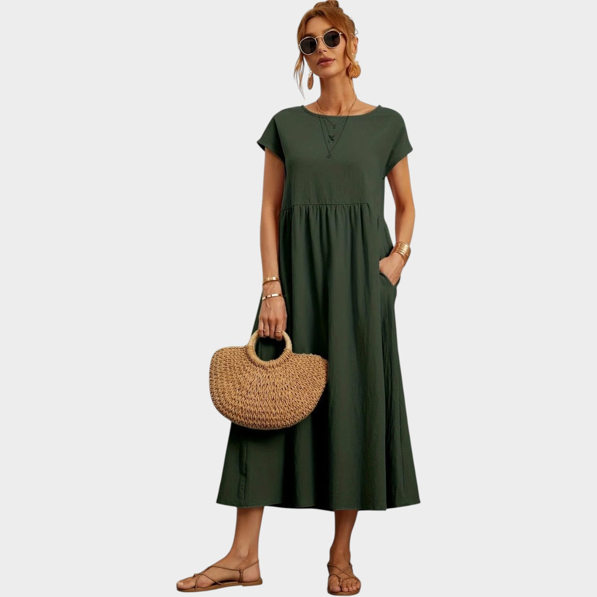 Women’s Round Neck Midi Dress with Short Sleeves and Side Pockets