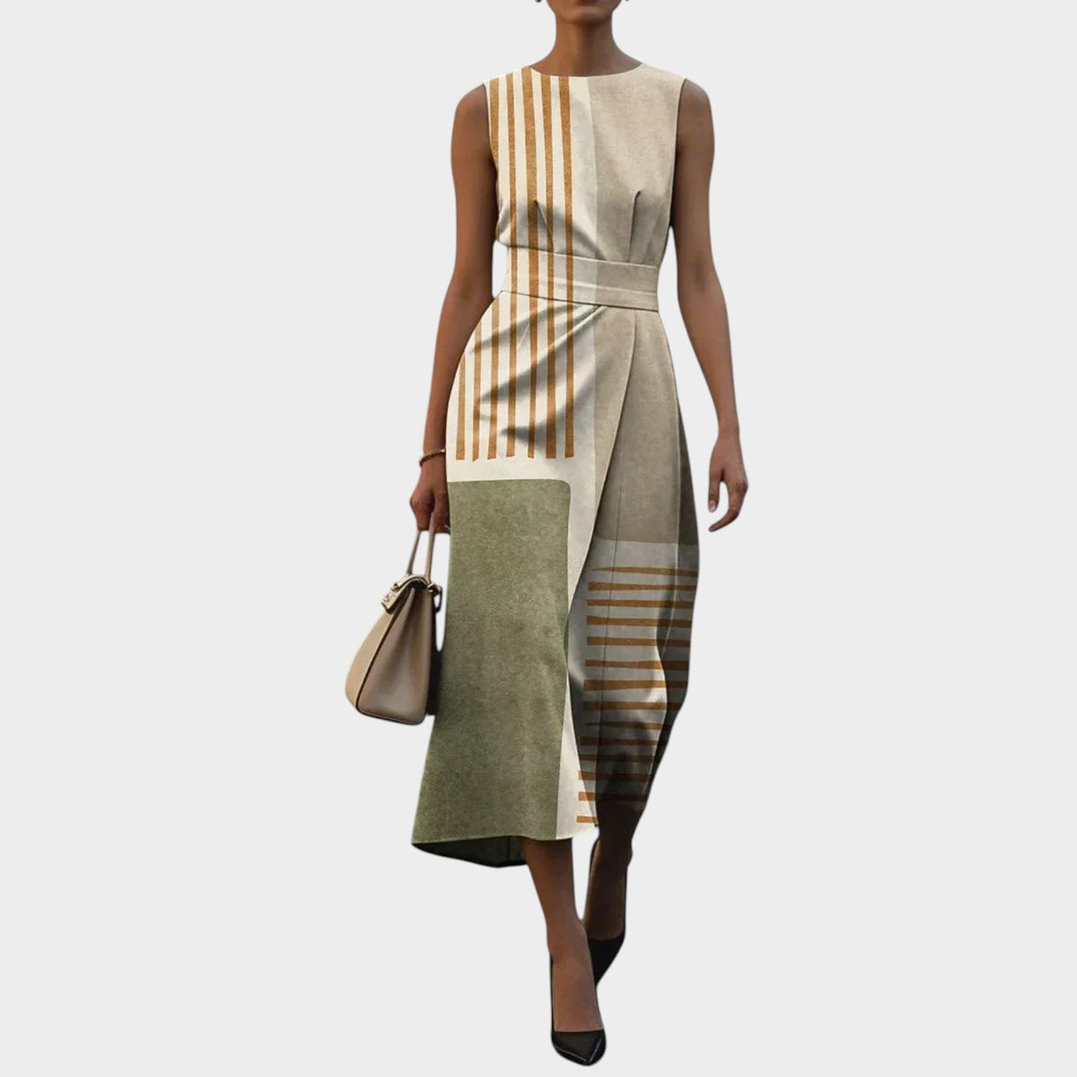 Women’s Sleeveless Midi Dress with Floral Pattern and Waist Detail