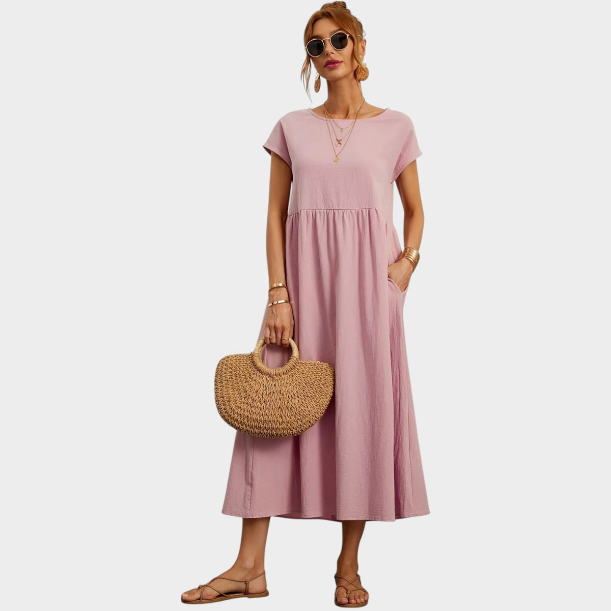 Women’s Round Neck Midi Dress with Short Sleeves and Side Pockets