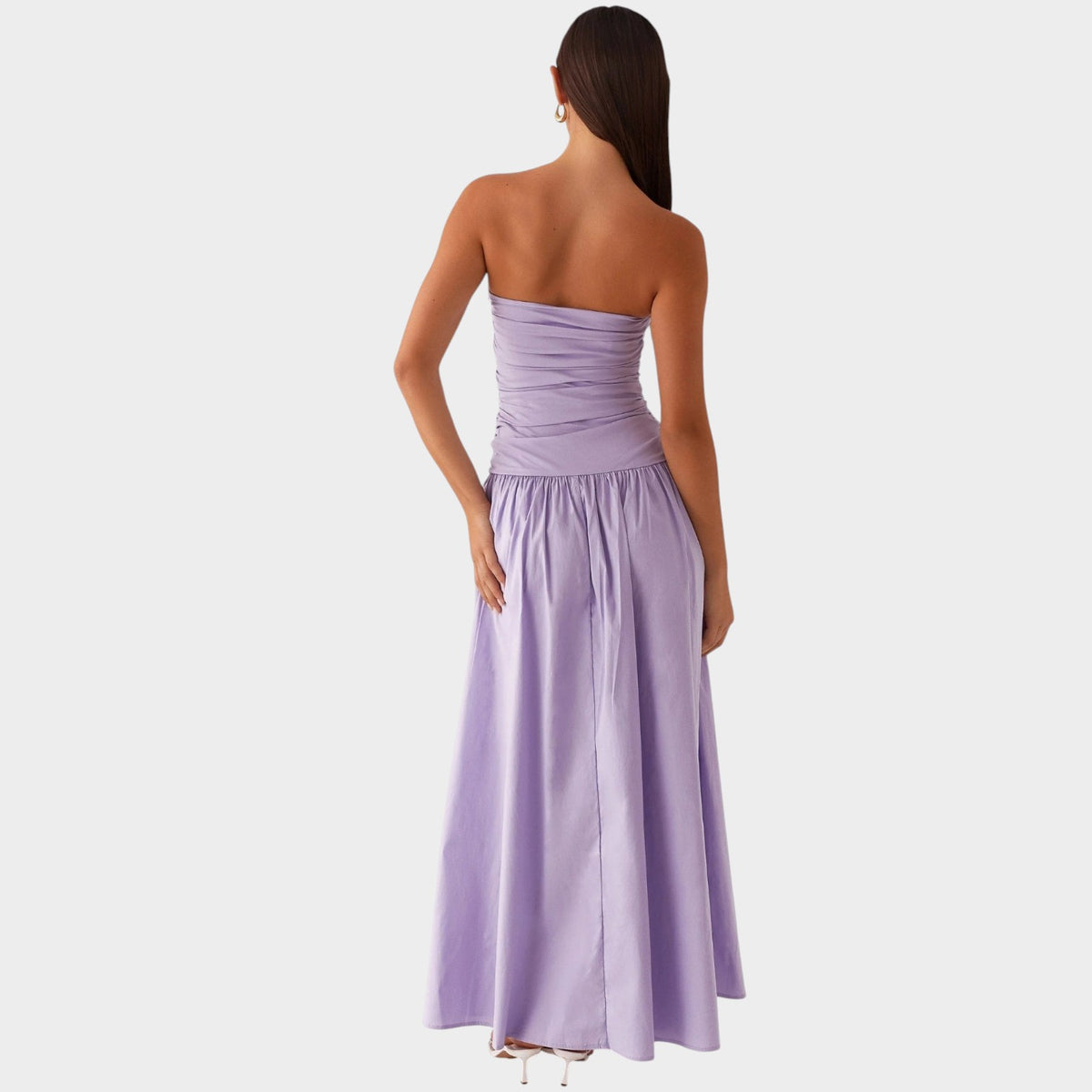 Women’s Strapless Maxi Dress with Ruched Bodice Flowing Skirt