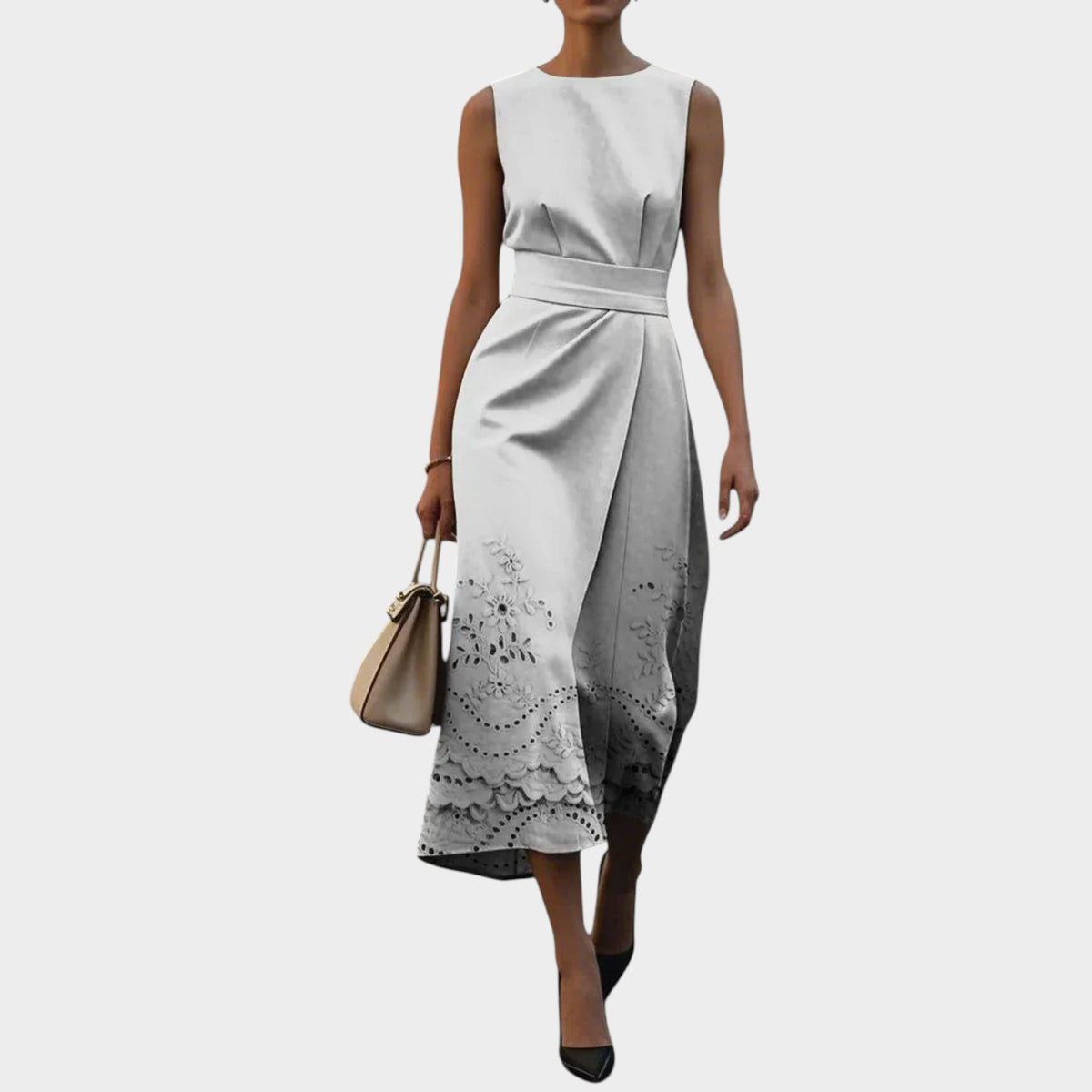 Women’s Sleeveless Midi Dress with Floral Pattern and Waist Detail
