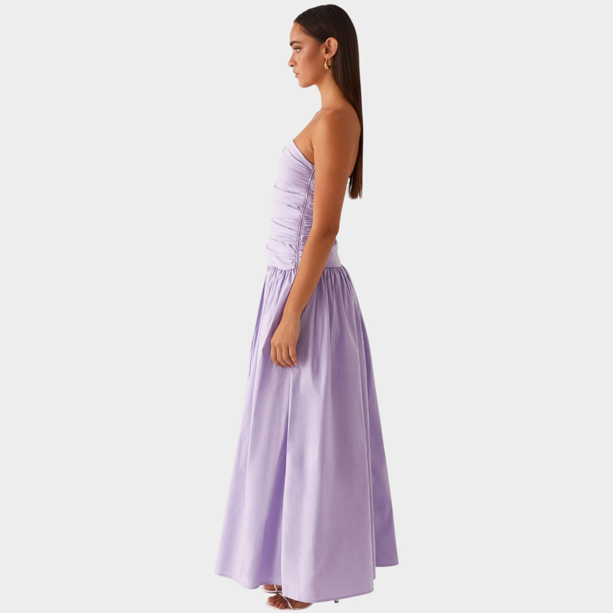 Women’s Strapless Maxi Dress with Ruched Bodice Flowing Skirt