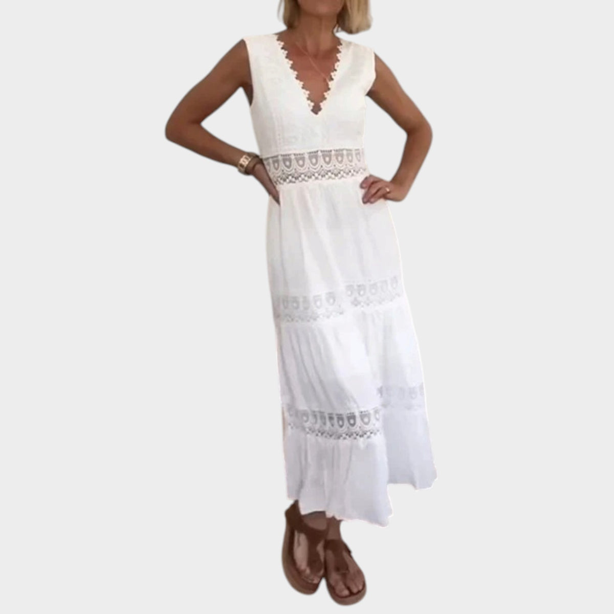 Women’s Lace V-Neck Maxi Dress with Layered Skirt and Flowing Fit