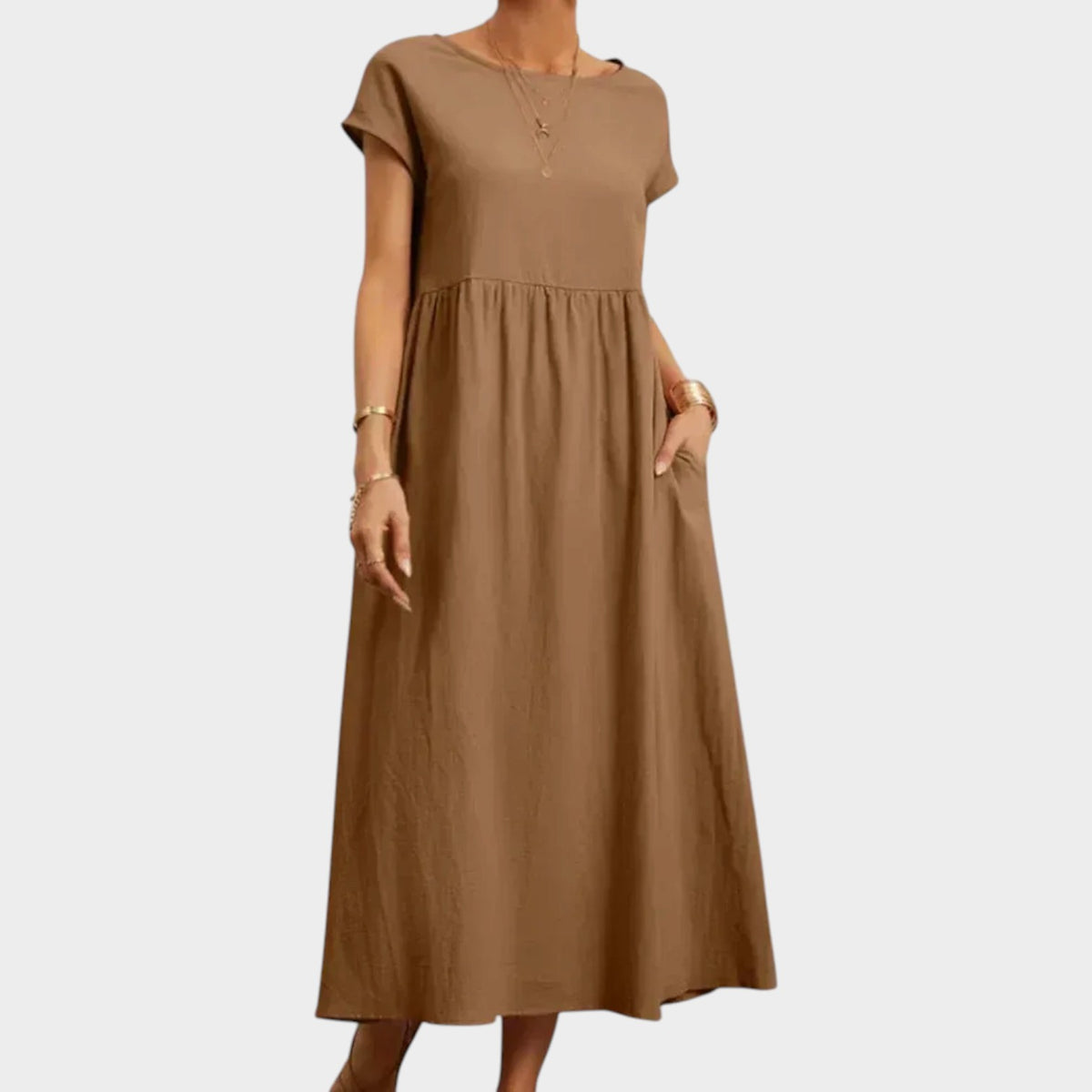 Women’s Round Neck Midi Dress with Short Sleeves and Side Pockets