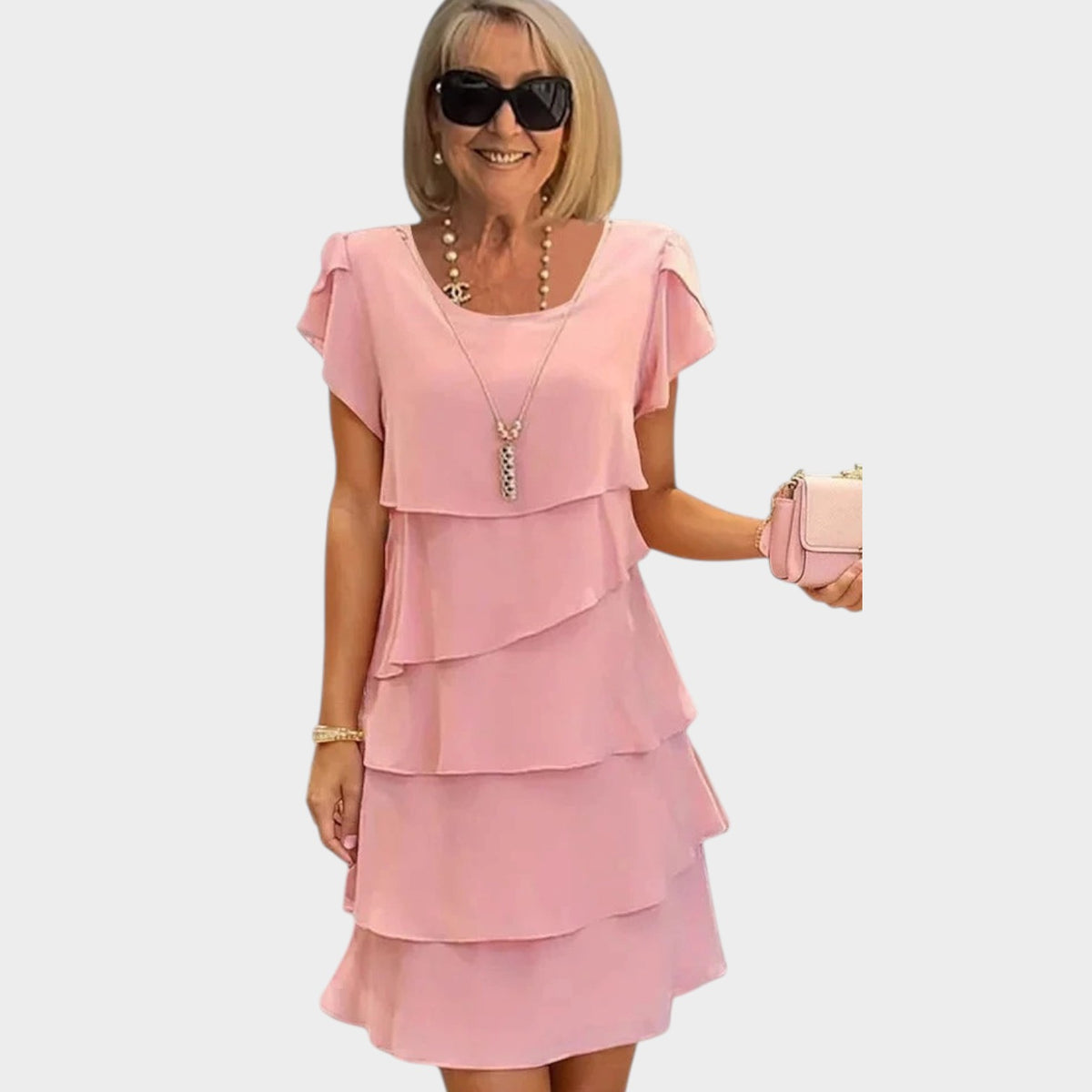 Women’s Layered Chiffon Midi Dress with Short Sleeves