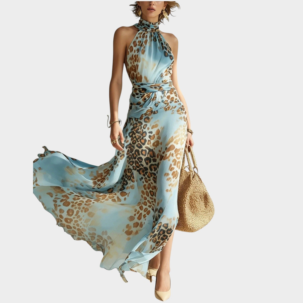 Women’s Leopard Print Maxi Dress with Halter Neck and Ruched Waist