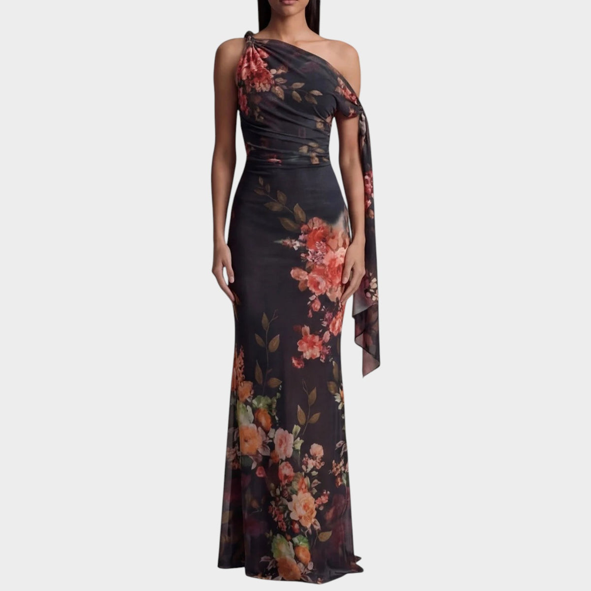 Women’s Floral One-Shoulder Chiffon Maxi Dress with Ruched Waist and Draped Detail
