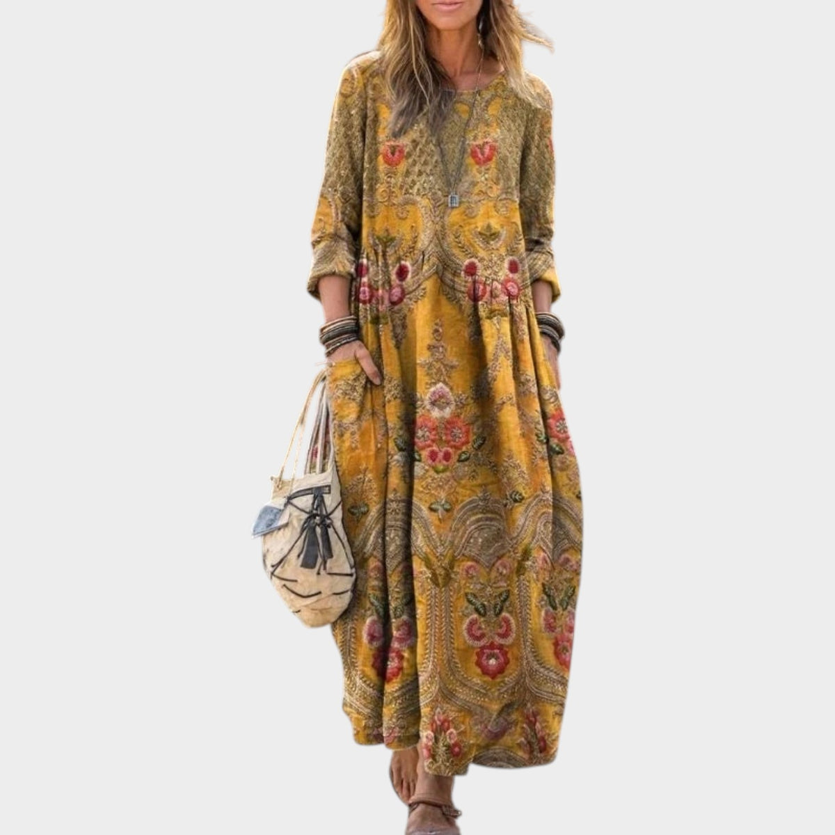Women’s Boho Midi Dress with Long Sleeves, Vintage Print and Side Pockets