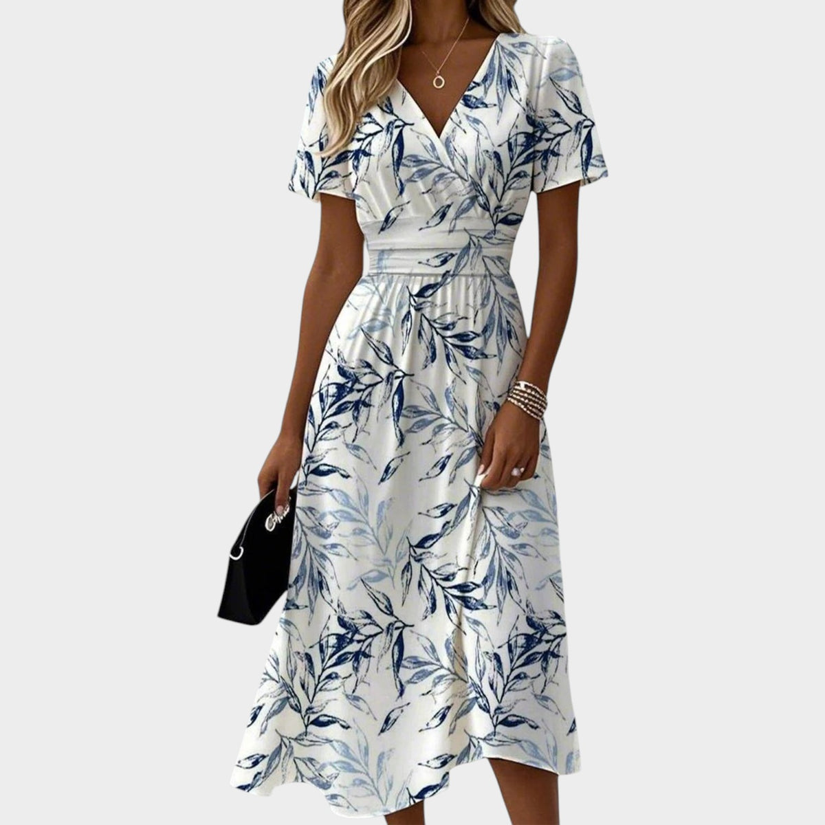 Women’s Floral Midi Dress with V-Neck and Cinched Waist