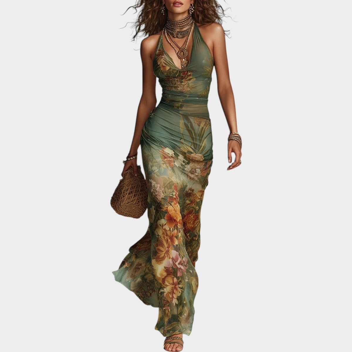 Women’s Floral Print Maxi Dress with Halter Neck and Mesh Overlay